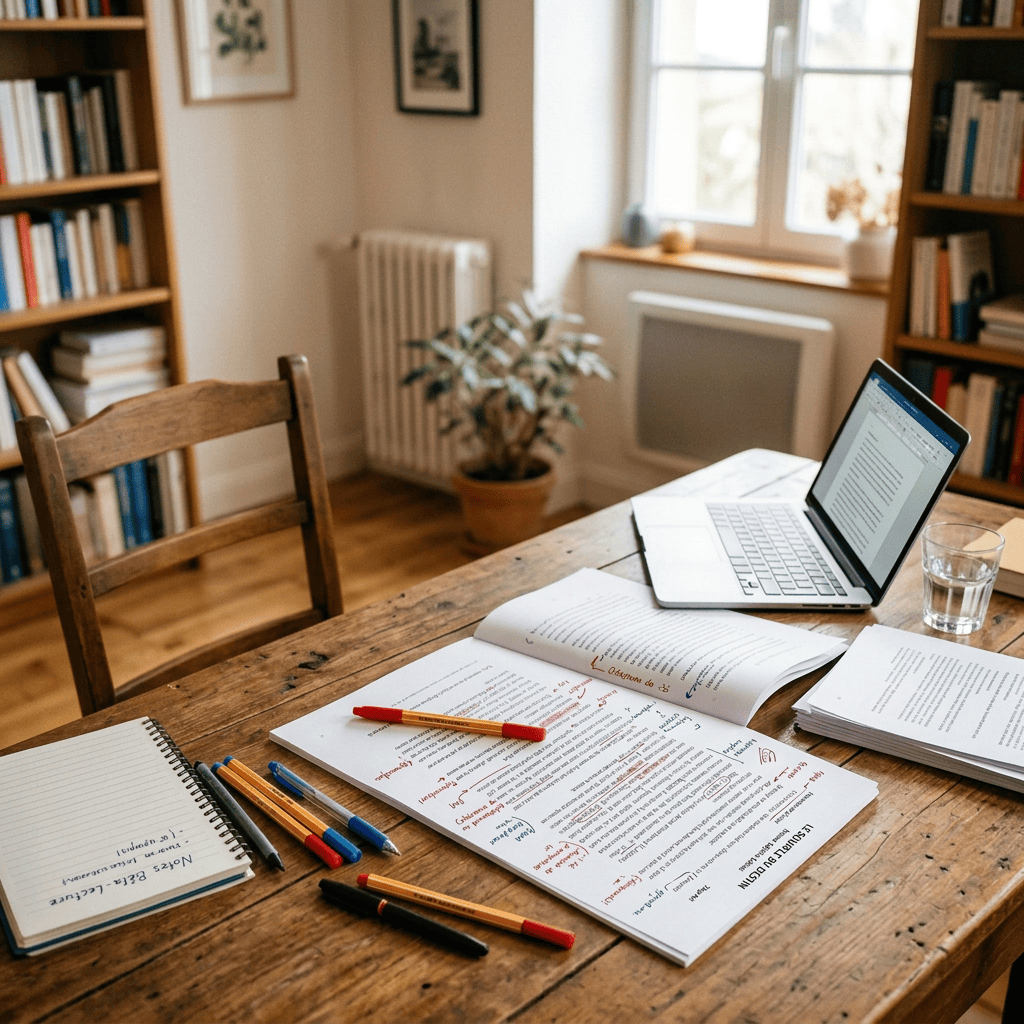Writer revising marked-up pages beside a laptop in a home study